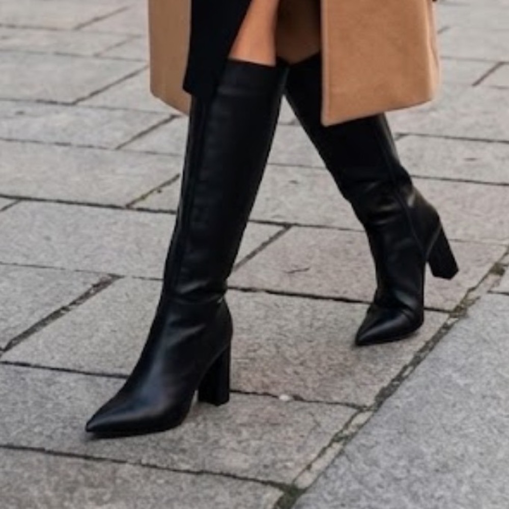 Wild pair Black Faux Leather Pointed Toe Wide Calf Block Heel Knee High Boots